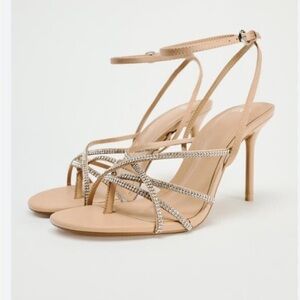 Zara Beige Strappy Rhinestone High Heel Sandals